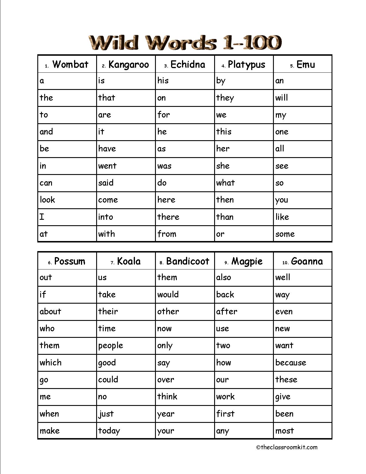wild words lists 1-10